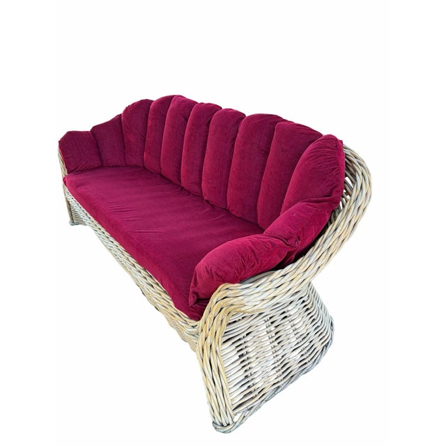 Vintage Coastal Wicker Sofa With Channel-Tufted Cranberry Cushions For Sale - Image 4 of 10