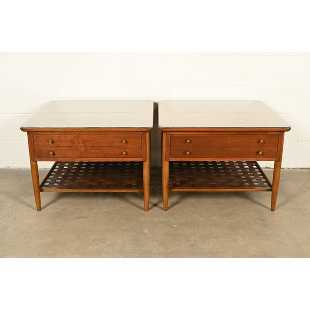 Paul McCobb Style Mid-Century Modern Walnut and Woven Shelf End Tables by Lane, Circa 1960s For Sale - Image 15 of 15