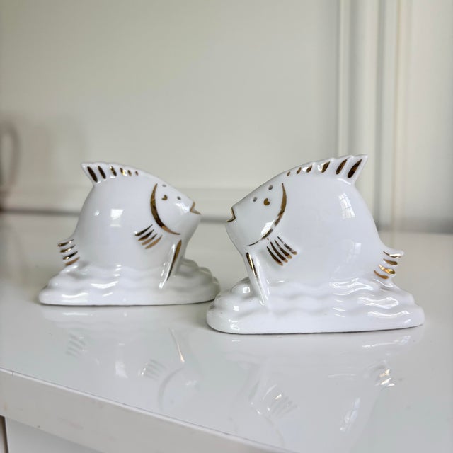 Limoges, France Limoges France Vintage Porcelain Fish Gold Trim Salt and Pepper Shaker Set For Sale - Image 4 of 8