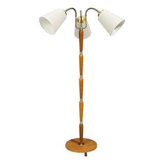 1950s Swedish Modern, Floor Lamp, Stained Wood, Fabric, Sweden For Sale