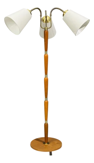 1950s Swedish Modern, Floor Lamp, Stained Wood, Fabric, Sweden