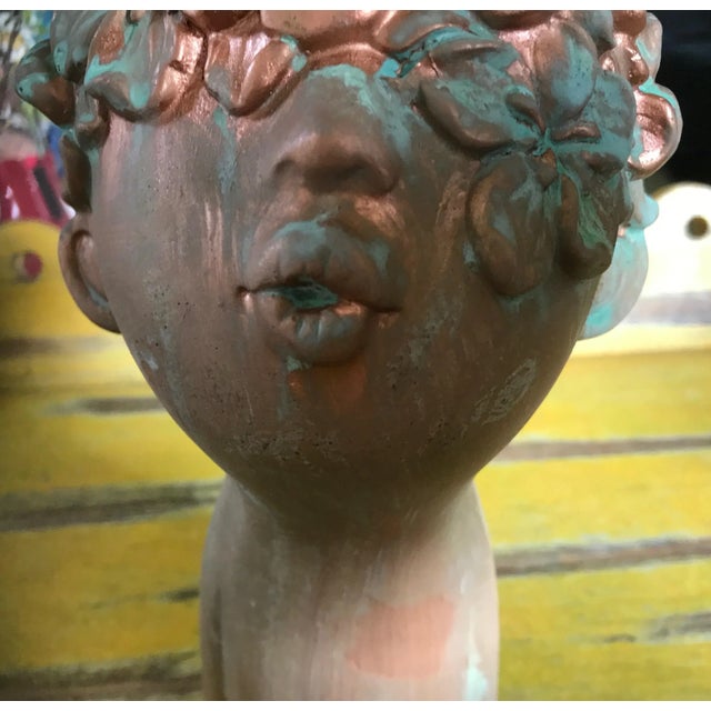 Flower Girl Kissing Bust Copper Patina Indoor Outdoor Head Planter For Sale - Image 4 of 9
