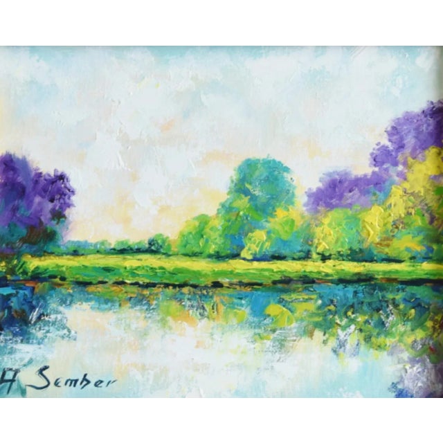 Serene Impressionist Lake & Landscape Oil Painting Including the Antiqued Gold Wood Frame For Sale - Image 4 of 10