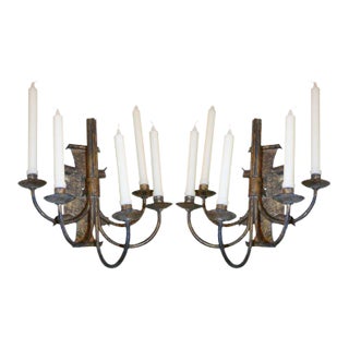 Pair of Spanish Mid-Century Gilt Metal Five-Arm Candle Sconces, 1950s For Sale