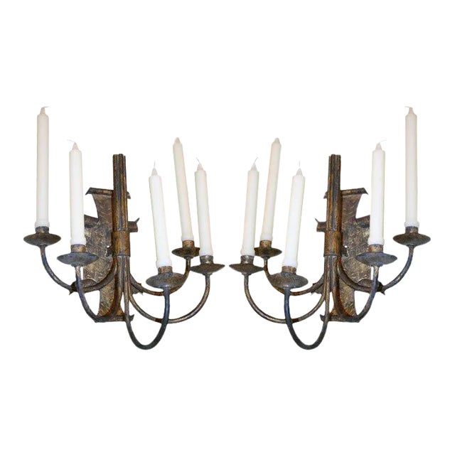 Pair of Spanish Mid-Century Gilt Metal Five-Arm Candle Sconces, 1950s For Sale