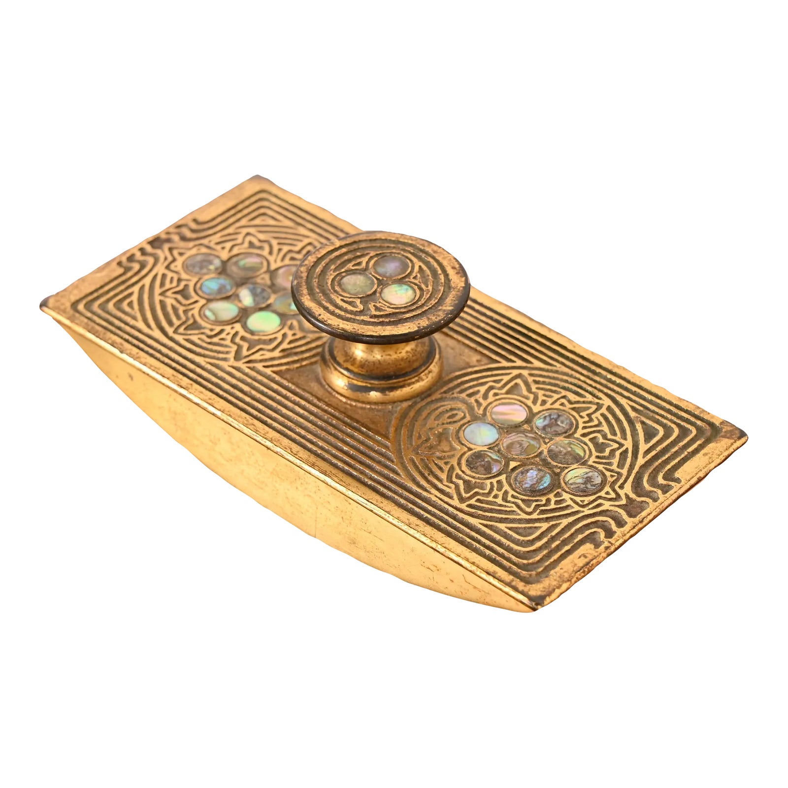 Tiffany Studios New York Bronze Doré and Abalone Rocker Blotter | Chairish