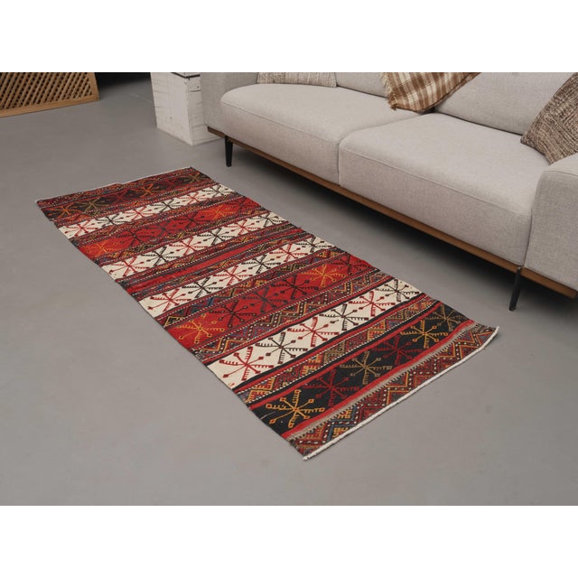 1970s Vintage Handmade Wool Cotton Red Kilim Area Rug For Sale - Image 11 of 11