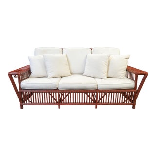Vintage Palecek President's Sofa Red Rattan White Cushions Patio Sofa For Sale