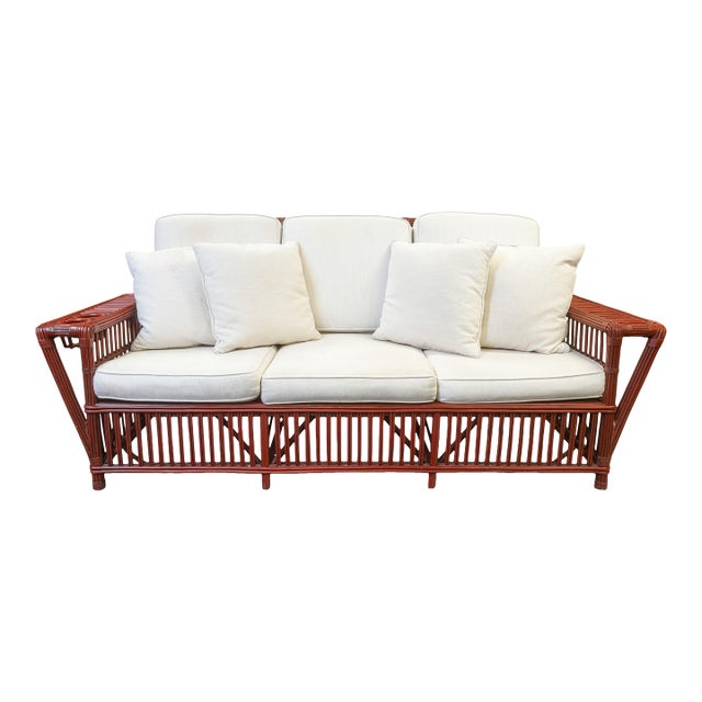 Vintage Palecek President's Sofa Red Rattan White Cushions Patio Sofa For Sale