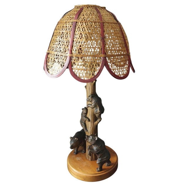 1950s Black Forest Rustic Bear Family Table Lamp with Wicker Shade, 1950s For Sale - Image 5 of 6