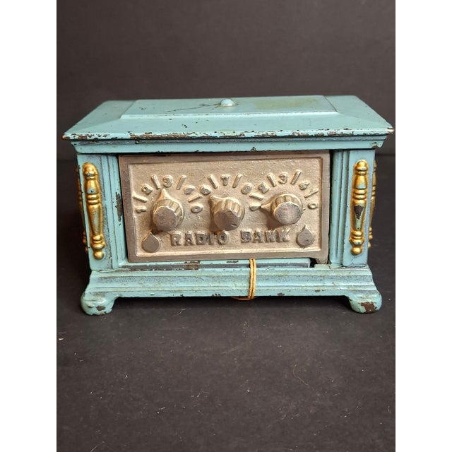 Turquoise Antique Kenton Cast Iron Radio Bank 1920s Safe Original Tag Peirce Collection For Sale - Image 8 of 17
