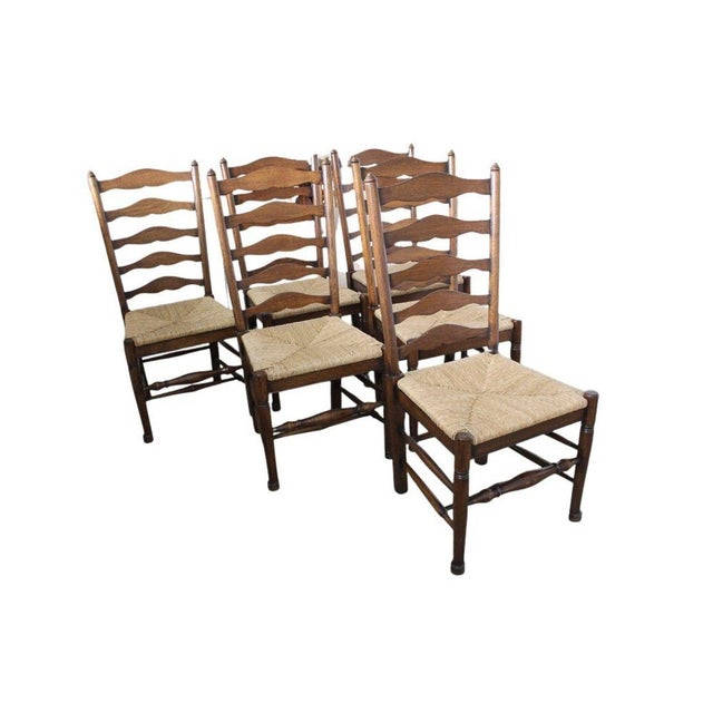 French Country Vintage Ladderback Rush Seat Side Chairs Set of 6 For Sale - Image 3 of 17