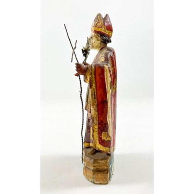 Red Antique Spanish Colonial Polychrome Carved Wood Bishop Saint Bulto With Glass Eyes, Circa 1800 For Sale - Image 8 of 10