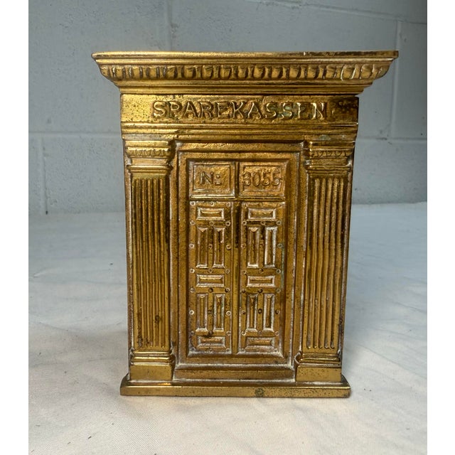 1920s Rare Antique Sparekassen Denmark Brass Savings Building Still Coin Bank W/ Key For Sale - Image 5 of 12