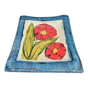 Signed Art Studio Square Ceramic Dish With Poppies, Bowl, Spongeware Rim Hand Painted
