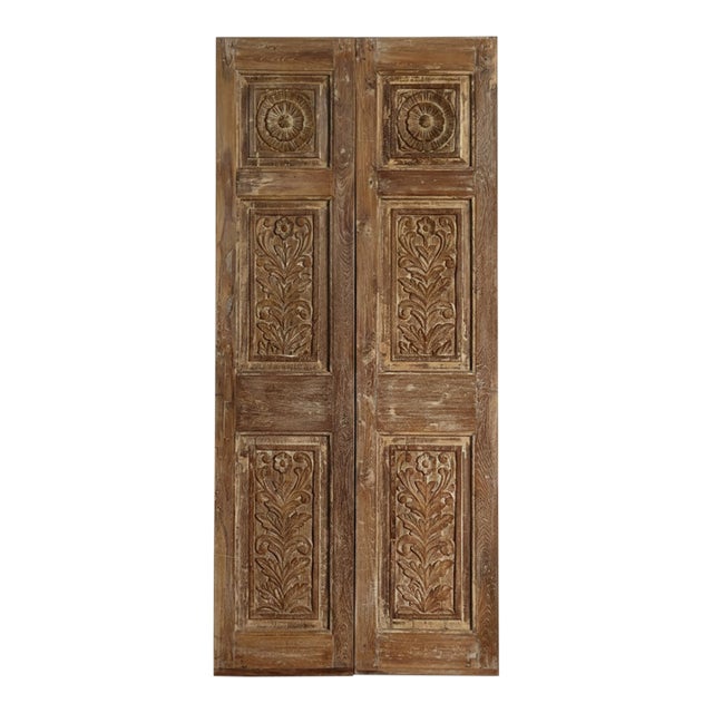 Antique Floral Carved Double Closet Doors – French Style Wood Panels 80x35 For Sale
