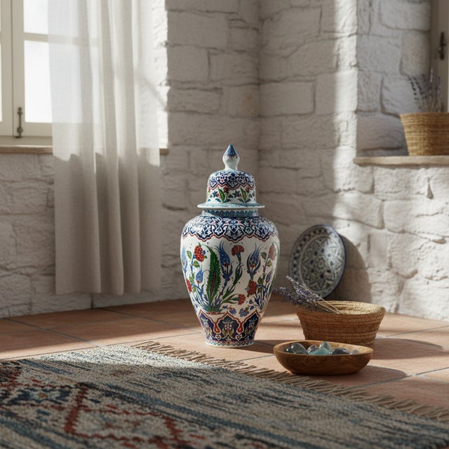 2020s Handmade Ceramic Grand Shah Vase with Lid (60cm) Classic White Saz Leaf & Carnation For Sale - Image 5 of 10
