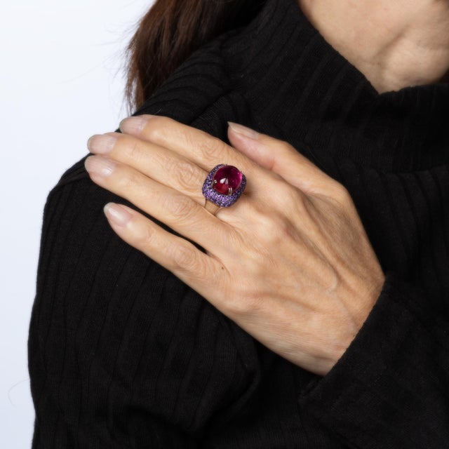 Metal Rubellite Purple Sapphire Ring Estate 18k White Gold Sz 6.5 Cocktail Jewelry For Sale - Image 7 of 9