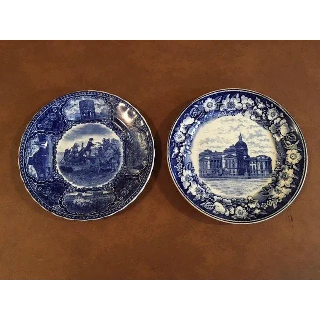 Antique Late 19th Century Flow Blue Souvenir Plates Indianapolis & Rhode Island - Set of 2 For Sale - Image 11 of 11
