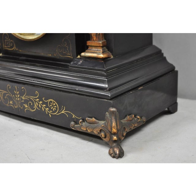 Antique Ansonia Black Mantel Clock With Bronze Coated Columns and Claw Feet For Sale - Image 11 of 14