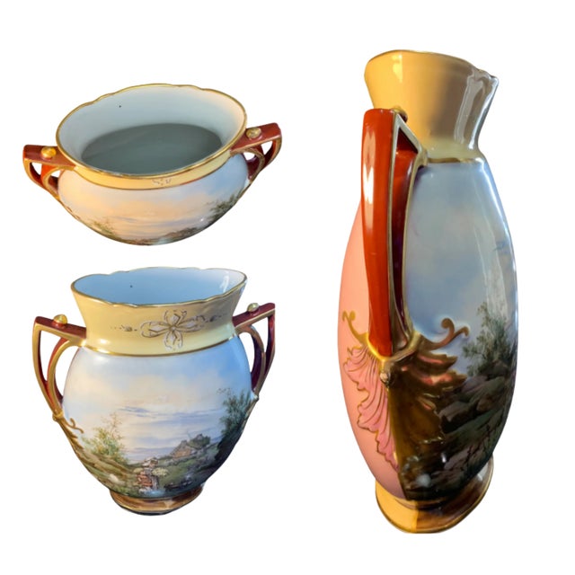 Antique Porcelain Floral and Windmill Vases Set of 3 For Sale - Image 15 of 18