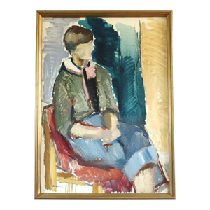 1978 Modernist 'Seated in Thought' Vintage Swedish Original Expressive Figurative Portrait Oil Painting, Framed