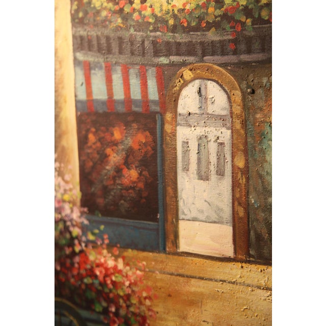 Glowing Café Alley Scene with Flower Cart — Decorator Art for Home or Bar/Restaurant DESCRIPTION Step into a sun-drenched...
