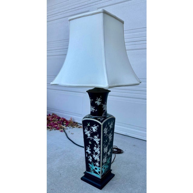 Antique Large Chinese Famille Noire Square Porcelain Vase Table Lamp 36" For Sale - Image 9 of 18