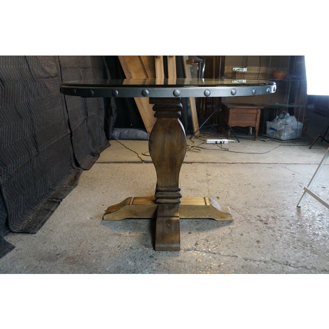 Late 20th Century Rustic Farmhouse Industrial Modern Acacia Metal & Glass Round Dining Table 42" For Sale - Image 11 of 17