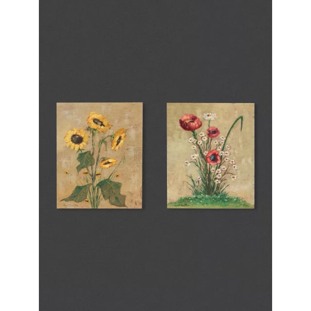 Blooming summer flowers in a set of 2. Oil on panel from the 1960s. Backed with a multiplex frame. Ready to hang. image...