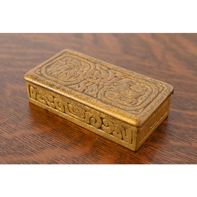 Art Deco Tiffany Studios New York Zodiac Bronze Doré Stamp Box For Sale - Image 3 of 12
