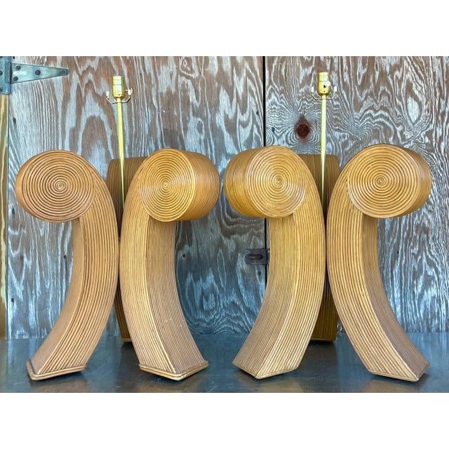 Chocolate Vintage Late 20th Century Boho Pencil Reed Scroll Lamps - a Pair For Sale - Image 8 of 10