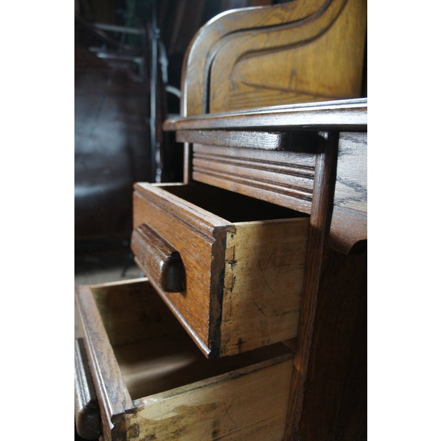 Antique Quartersawn Oak Tambour Roll Top Kneehole Secretary Bankers Writing Desk For Sale - Image 12 of 17