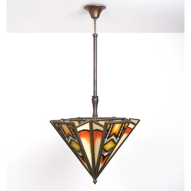 1980s Art Deco Amsterdamse School Stained Glass Hanging Light, 1980s For Sale - Image 5 of 8