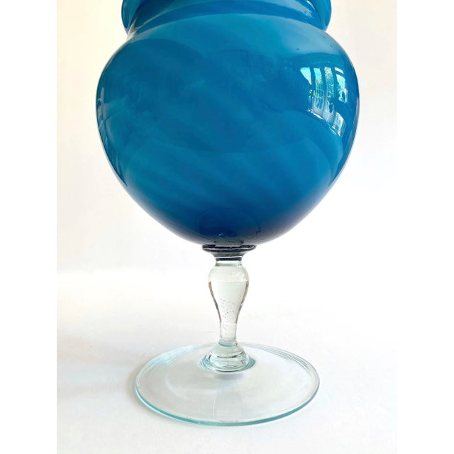 Mid 20th Century Vintage Mid Century Modern Empoli Italy Cerulean Royal Blue Ombre Art Glass Candy Bowl Pedestal Lidded Jar For Sale - Image 5 of 13
