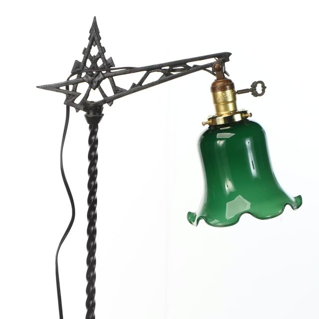 Art Deco 1940s Art Deco Bridge Arm Floor Lamp With Green Glass Tulip Shade For Sale - Image 3 of 9