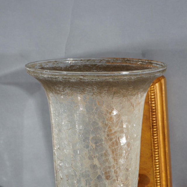 Metal Pair Mid-Century Modern French Style Fleur-de-lis Crackled Glass Wall Sconces For Sale - Image 7 of 12