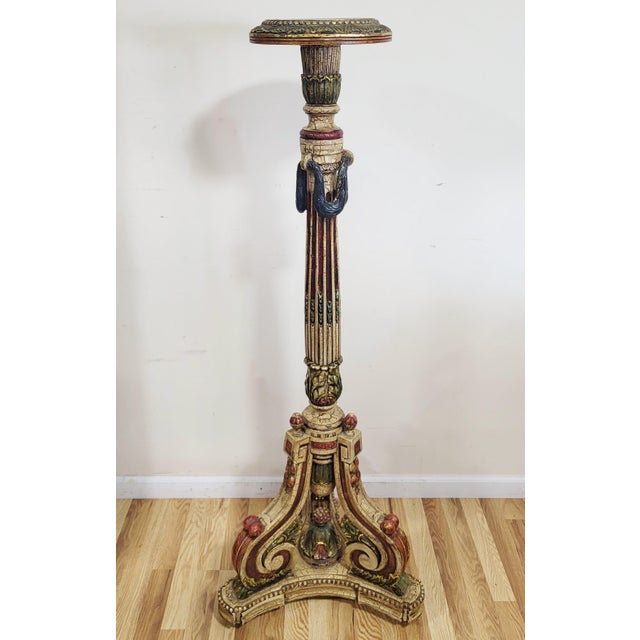 Pair of Italian Venetian Style Polychrome Painted Carved Wood Pedestal Fern Stands For Sale - Image 4 of 12