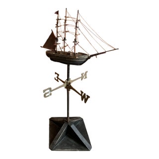 Antique 1800s Ship Atop a Vintage Weathervane with New Wood Stand For Sale