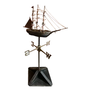 Antique 1800s Ship Atop a Vintage Weathervane with New Wood Stand