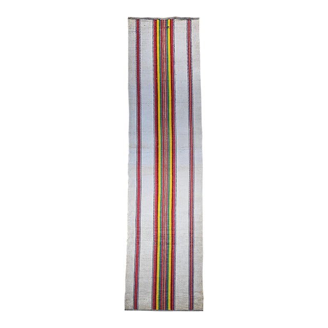 Vintage American Rag Runner, Handwoven Wool & Cotton, Stripe Pattern, 3x14 For Sale