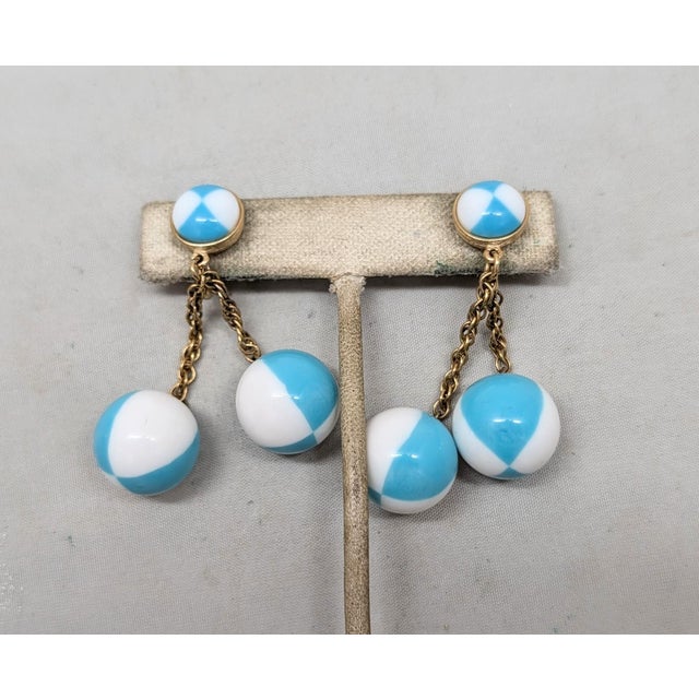 Mid-Century Modern Vintage 1950s Signed Crown Trifari White & Turquoise Checked Drop Clip Earrings-2 Pieces For Sale - Image 3 of 10