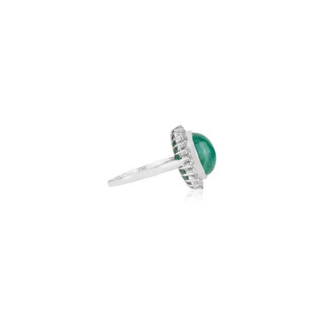 Green 8.8 Carat Emerald & Diamond Halo Silver Engagement Ring, Size 6 For Sale - Image 8 of 11
