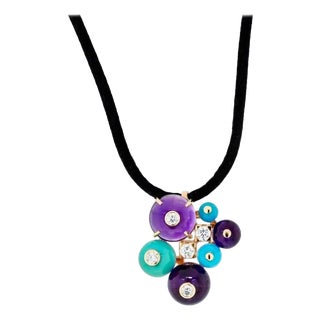 Cartier Delices De Goa Turquoise Amethyst Diamond Pendant Necklace 18k Y Gold For Sale