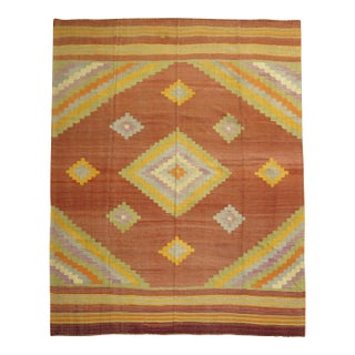 Mid 20th Century Rusty Brown Yellow Lavender Green Turkish Kilim Room Size Rug - 9'4" x 11'5" For Sale