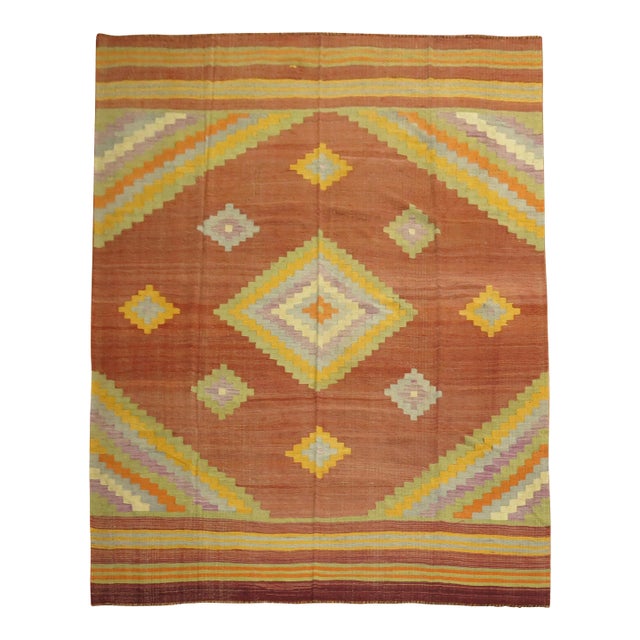 Mid 20th Century Rusty Brown Yellow Lavender Green Turkish Kilim Room Size Rug - 9'4" x 11'5" For Sale