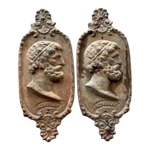 Vintage Boho Cast Iron Profile Plaque of Asclepius - A Pair