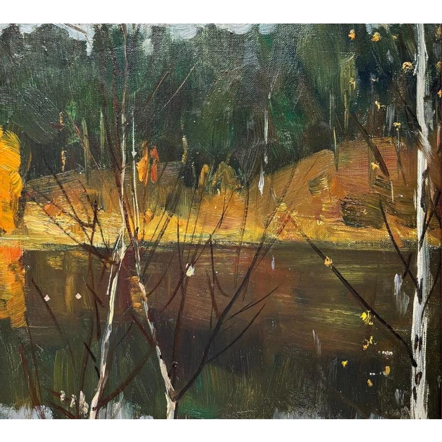 1970s Boris Lavrenko, Black Lake Landscape with a Lake in the Middle of a Forest, 1978, Oil on Canvas For Sale - Image 5 of 7