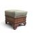 A compact early-to-mid-20th-century storage ottoman with a padded hinged lid, muted green-gray upholstery, and a warm wood...