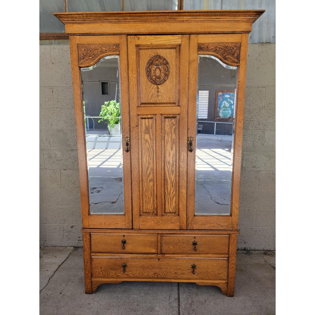 Antique Armoire / Wardrobe English Oak With Beveled Mirror Doors For Sale - Image 18 of 18